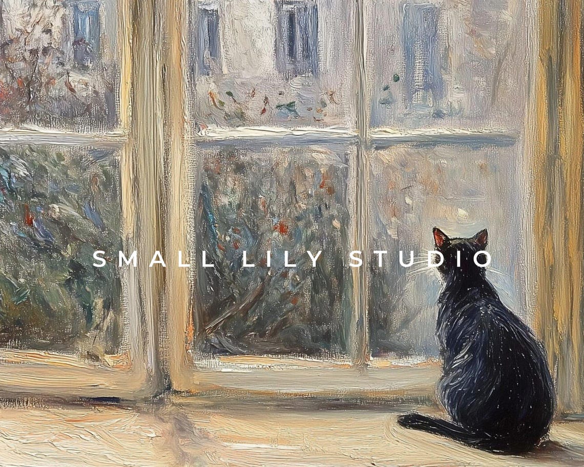 Black Cat Windowsill Snowy Window View Christmas Tree Rustic Art Print - Image 4