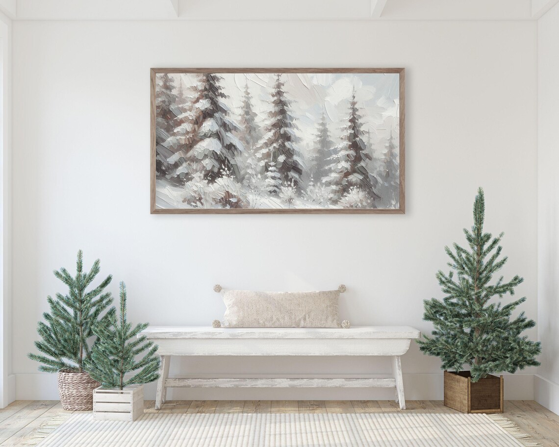 Snowy Pine Forest Trees Winter Landscape Textured Neutral Vintage Art Poster - Image 3