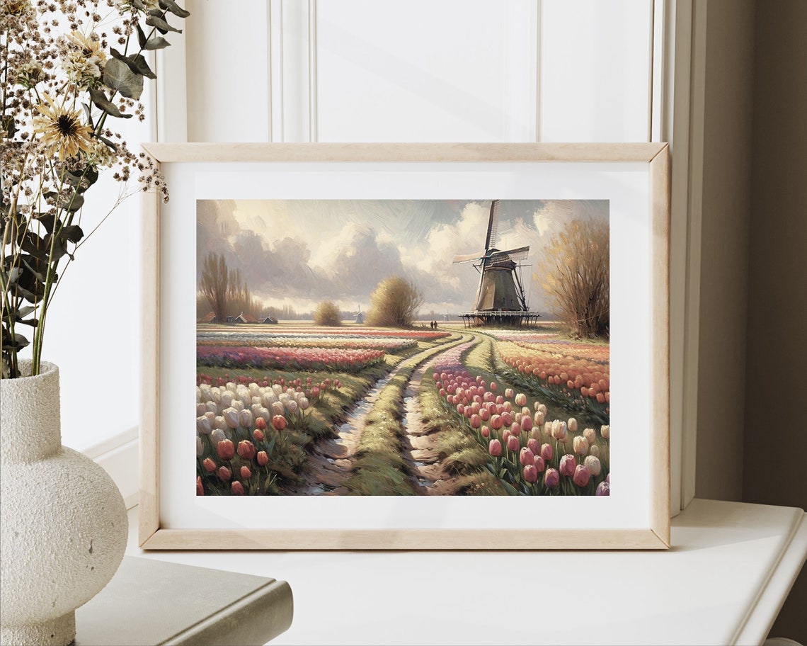 Dutch Windmill Colorful Tulip Field Rows Spring Netherlands Print - Image 2