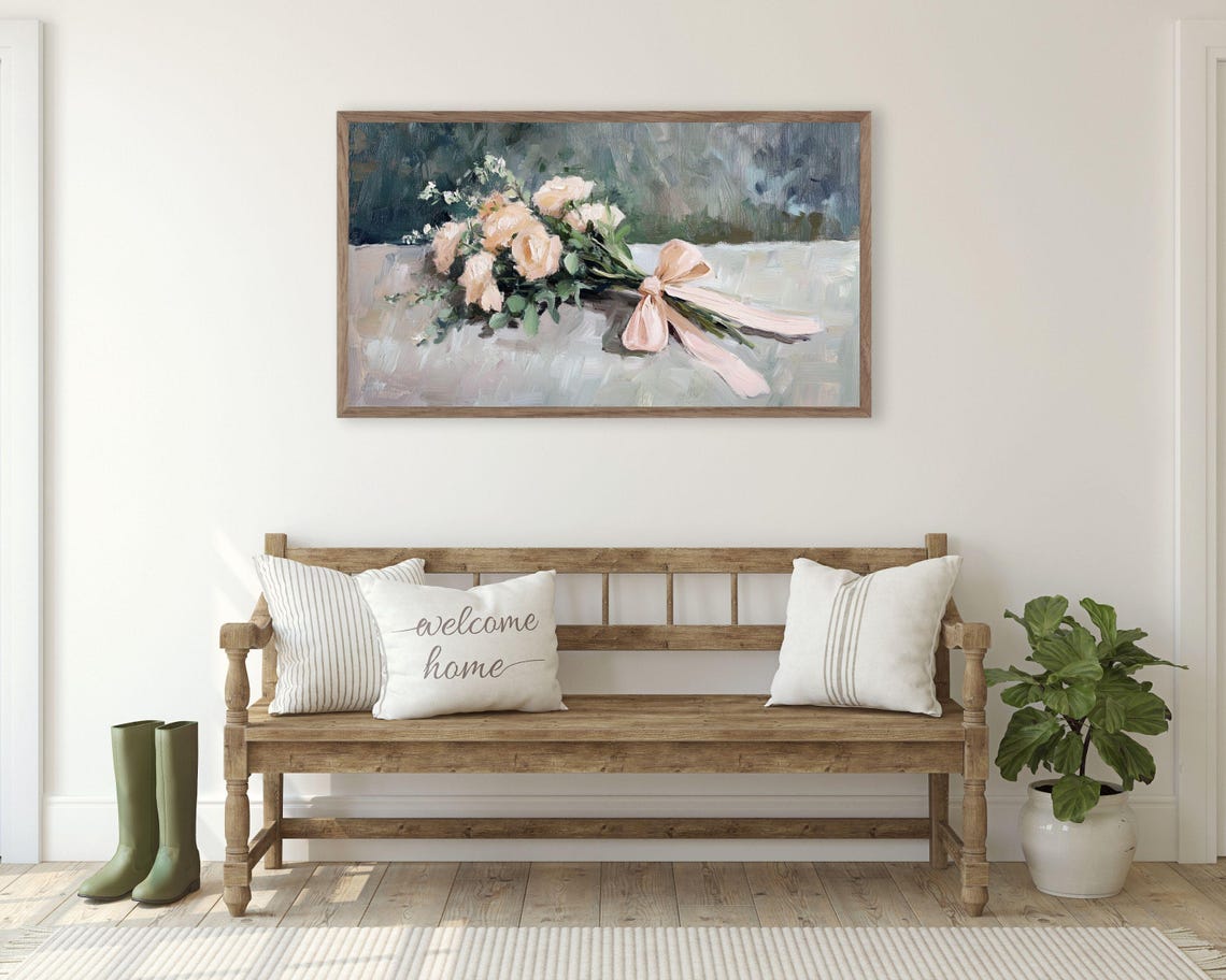 Frame Tv Art Pink Flowers With Bow Spring Frame Tv Art Farmhouse Floral Art Vintage Style Painting Peach Coral Pink Tv648 - Image 2