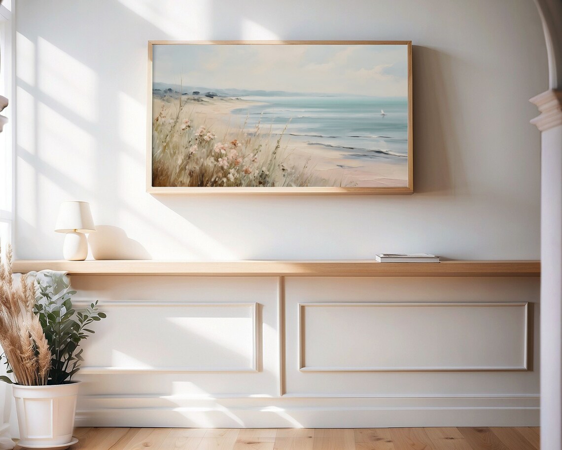 Sandy Beach Dune Grass Pink Wildflowers Sailboat Coastal Scene Poster - Image 2