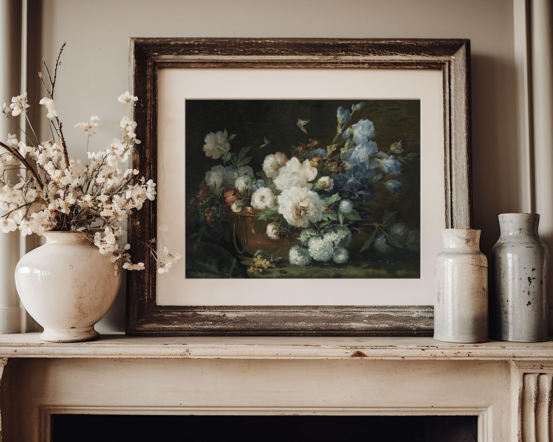 Moody Blue Floral Still Life White Peonies Butterflies Vintage Painting Poster - Image 2