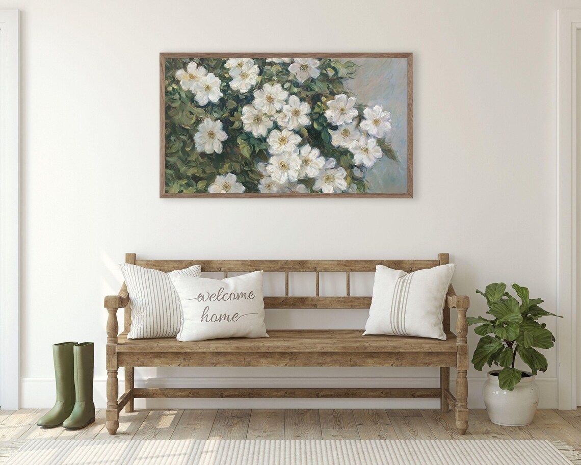 White Blossoms on Blooming Bush Lush Green Farmhouse Floral Spring Poster - Image 2