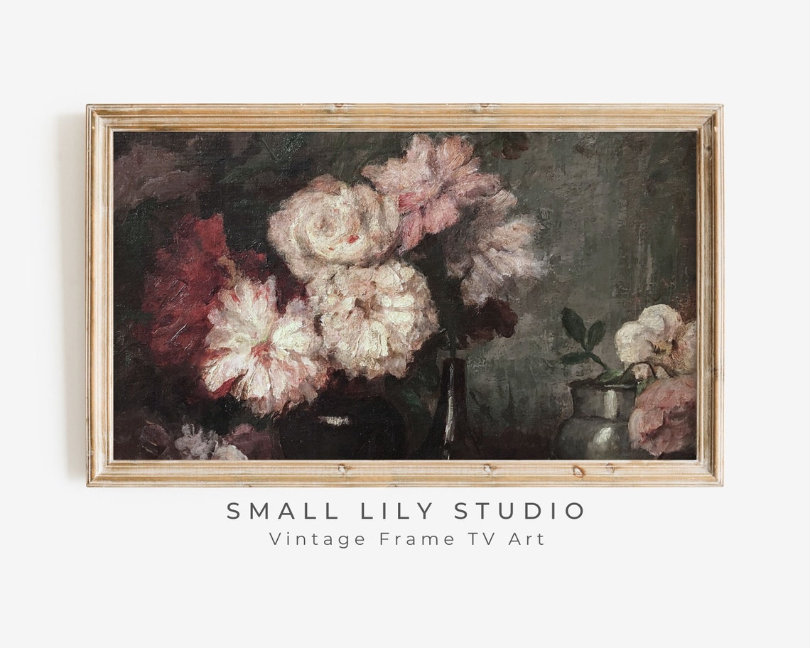 Frame Tv Art Pink And White Flowers Vintage Oil Painting Dark Botanical Tv Artwork Antique Floral Tv Art Tv71
