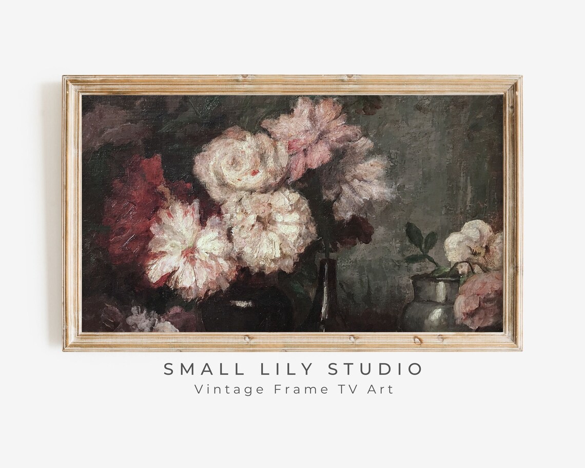 Pink and White Peonies Dark Vintage Oil Painting Floral Art Poster