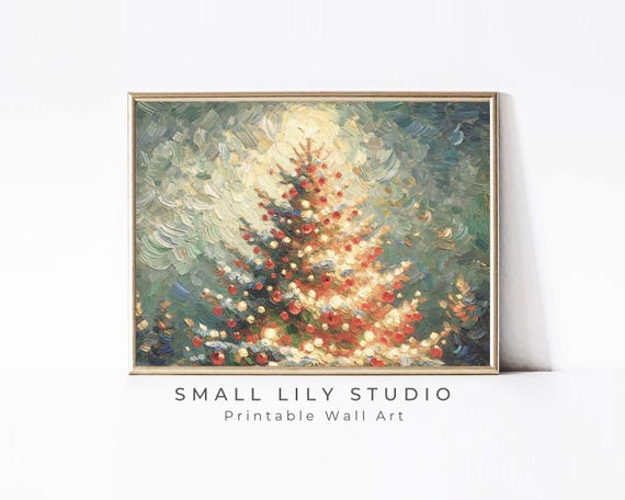 Christmas Tree Print Colorful Vintage Style Cute Xmas Wall Art Textured Painting Red Green Festive Jolly Art Print P094