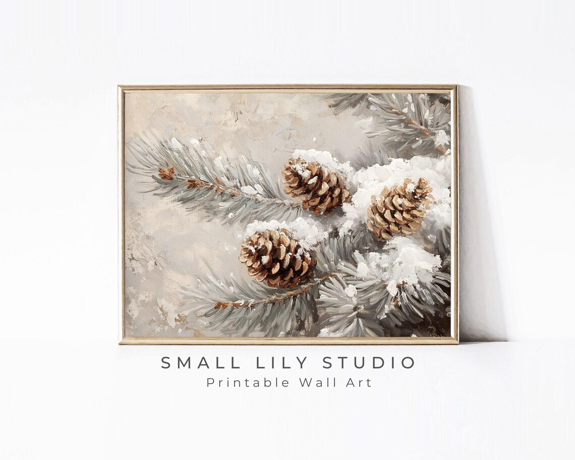Pinecones on Snowy Pine Branches Neutral Winter Botanical Vintage Poster
