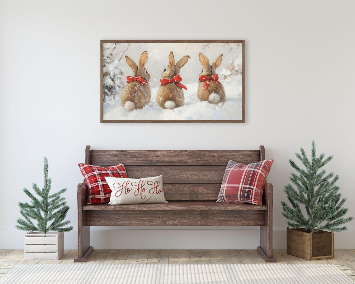 Bunnies With Red Bows In Snow, Winter Animal Art Print - Image 3