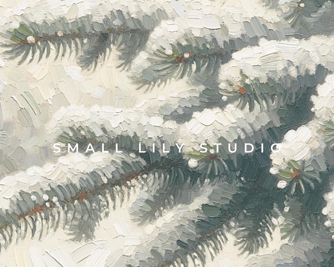 Snow Covered Pine Branch Close Up Textured Winter Painting Poster - Image 4