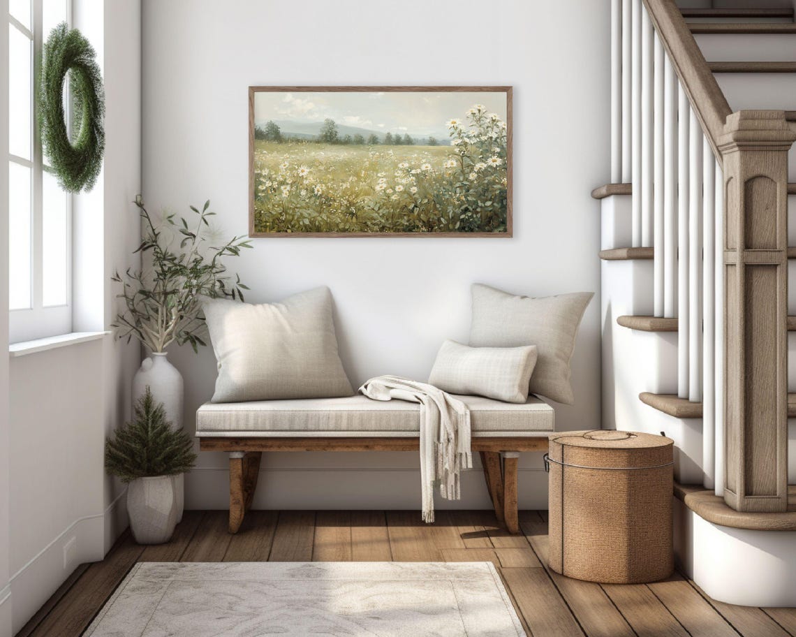 Frame Tv Art Daisies In Spring Landscape Frame Tv Art Vintage Style Painting Country Farmhouse White Wildflowers Green Art Tv625 - Image 3