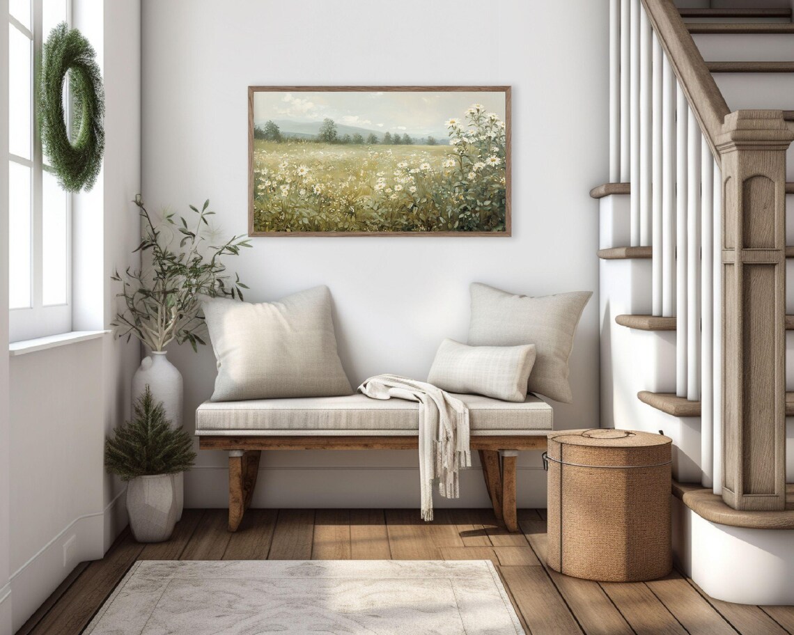 White Daisy Field Country Landscape Vintage Farmhouse Poster - Image 3