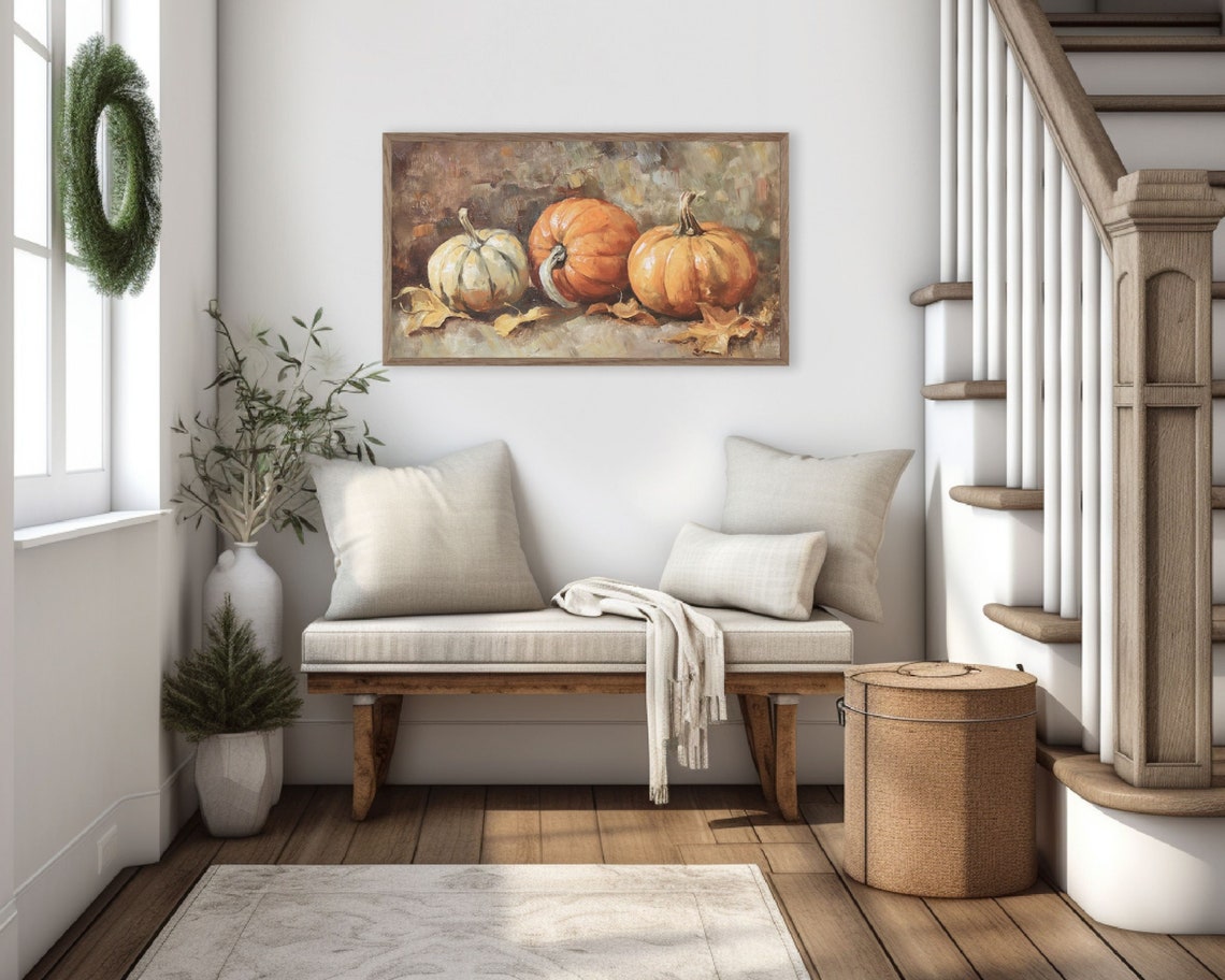 Rustic Pumpkins With Autumn Leaves Fall Harvest Oil Painting Poster - Image 2