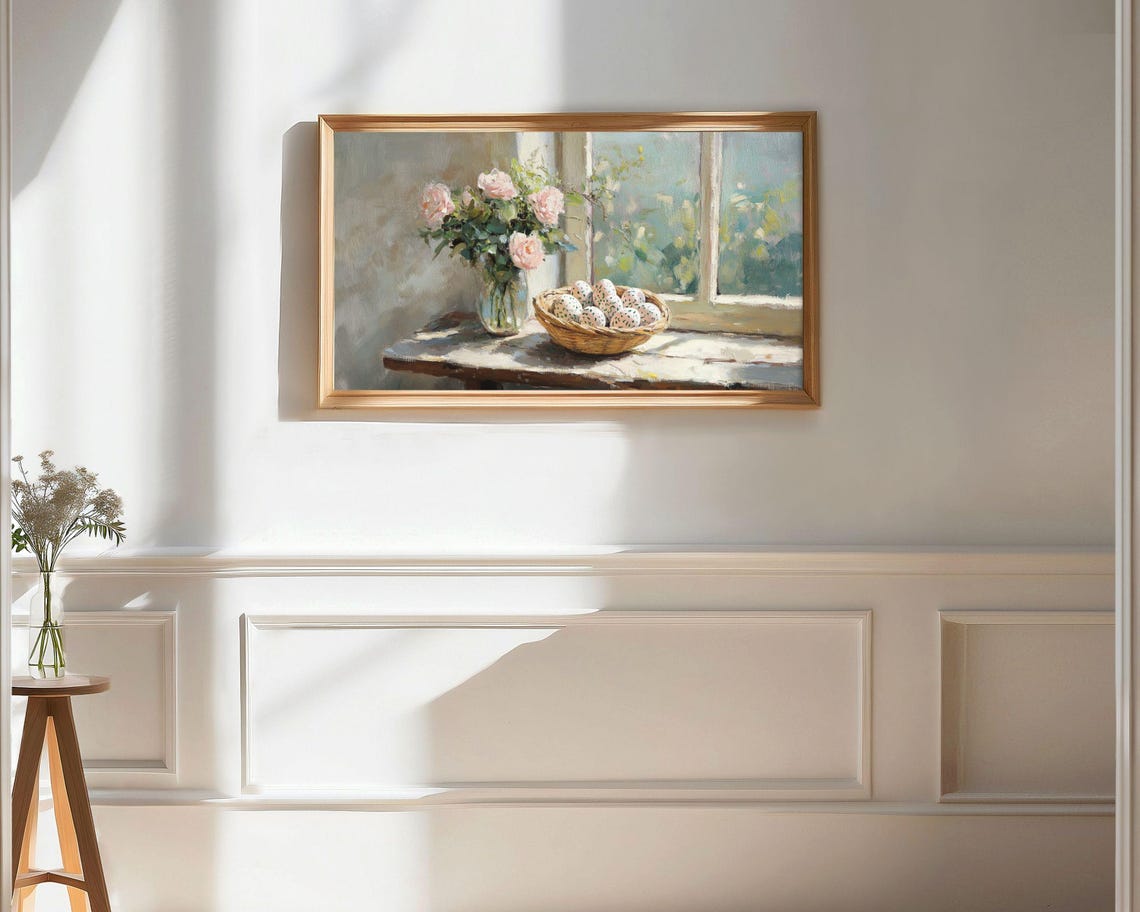 Pink Roses And Easter Eggs On Sunny Windowsill Painting Poster - Image 2