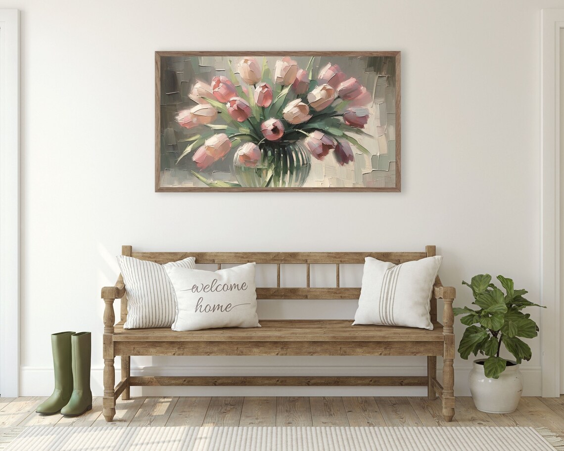 Pink Tulips In Glass Vase Impasto Textured Still Life Floral Poster - Image 3