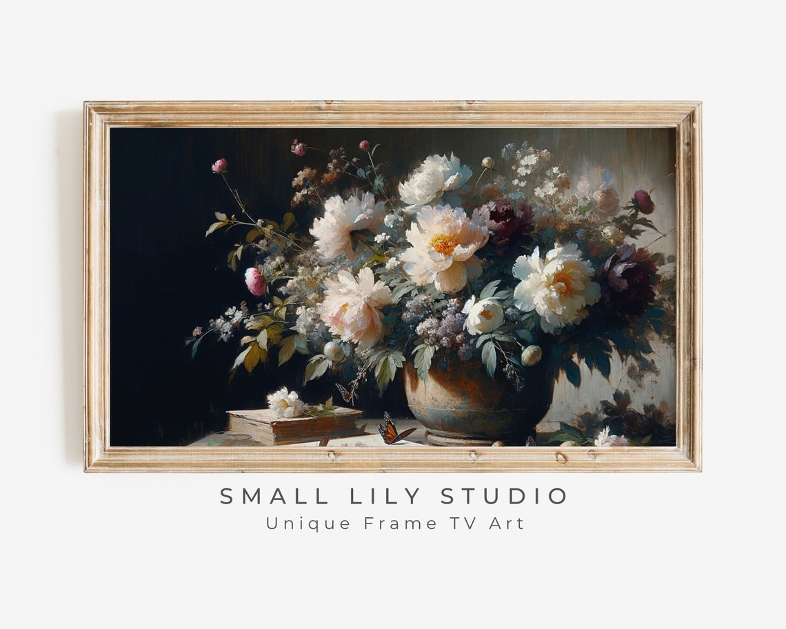 Frame Tv Moody Floral Still Life Art Frame Tv Art Dark Flowers Valentines Vintage Painting Style Tv Artwork Pink Peonies Tv245