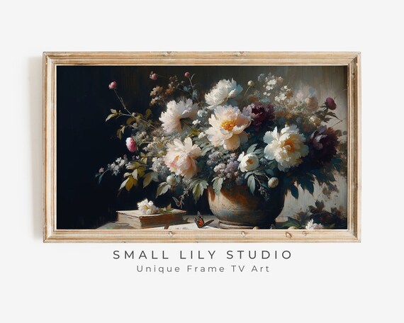Frame Tv Moody Floral Still Life Art Frame Tv Art Dark Flowers Valentines Vintage Painting Style Tv Artwork Pink Peonies Tv245