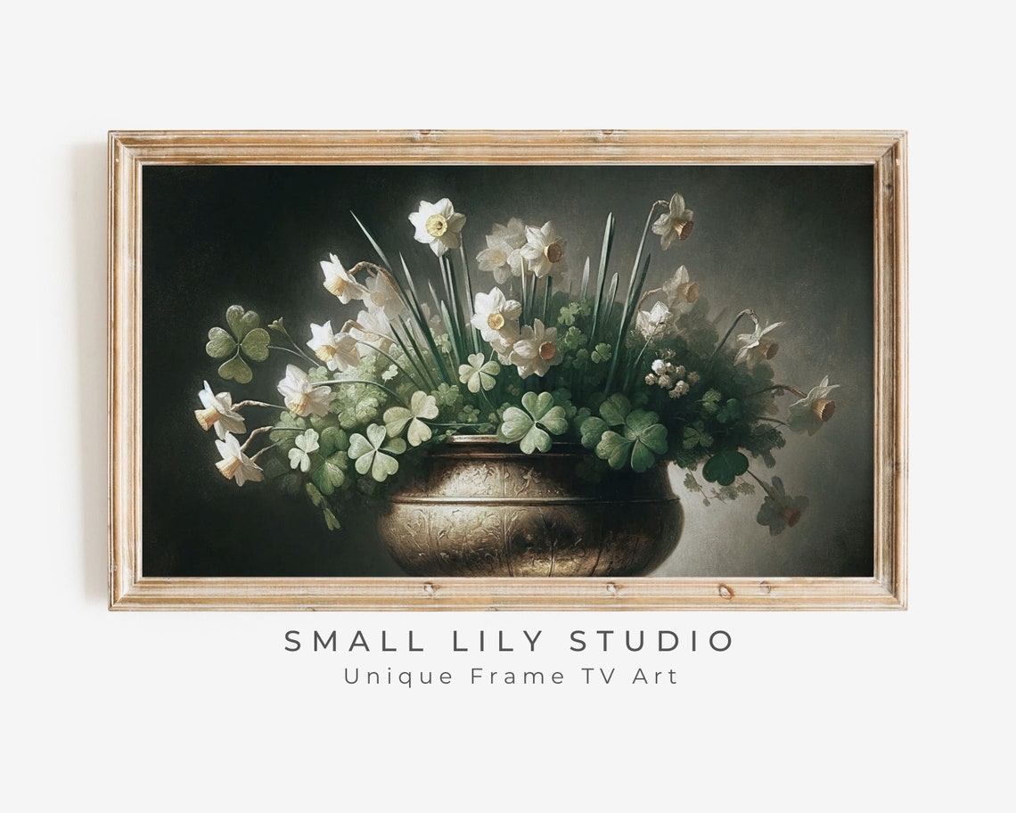 Daffodils and Shamrocks Gold Pot Moody Vintage Still Life Art Poster