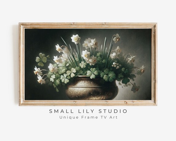 Frame Tv Art St Patricks Day Shamrocks Daffodils In Gold Pot Green Clovers Moody Floral Still Life Frame Tv Vintage Style Tv252