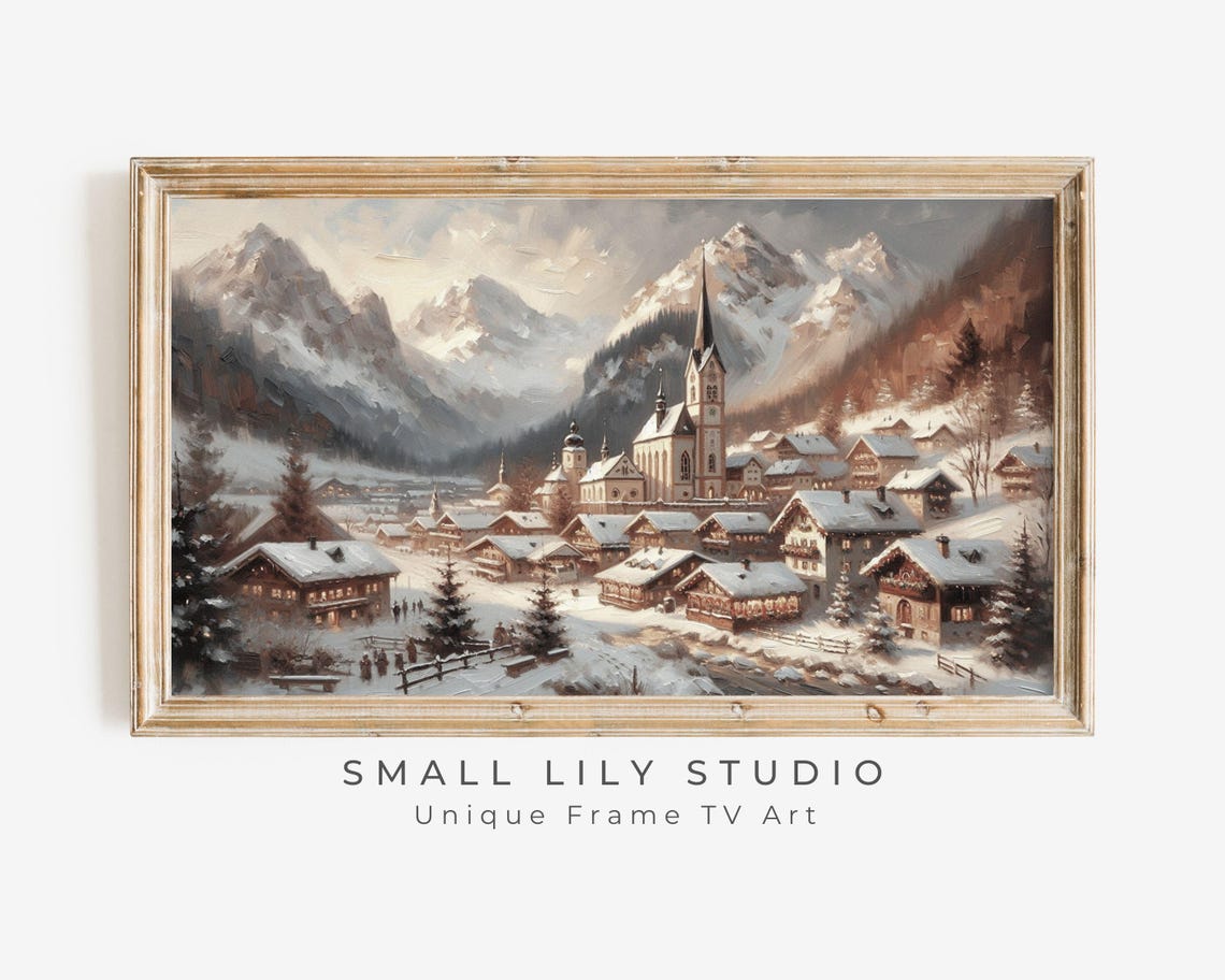 Frame Tv Art Bavarian Christmas Village Frame Tv Art Vintage Style Winter Painting Neutral Snowy Mountain Landscape Tv Art Tv474