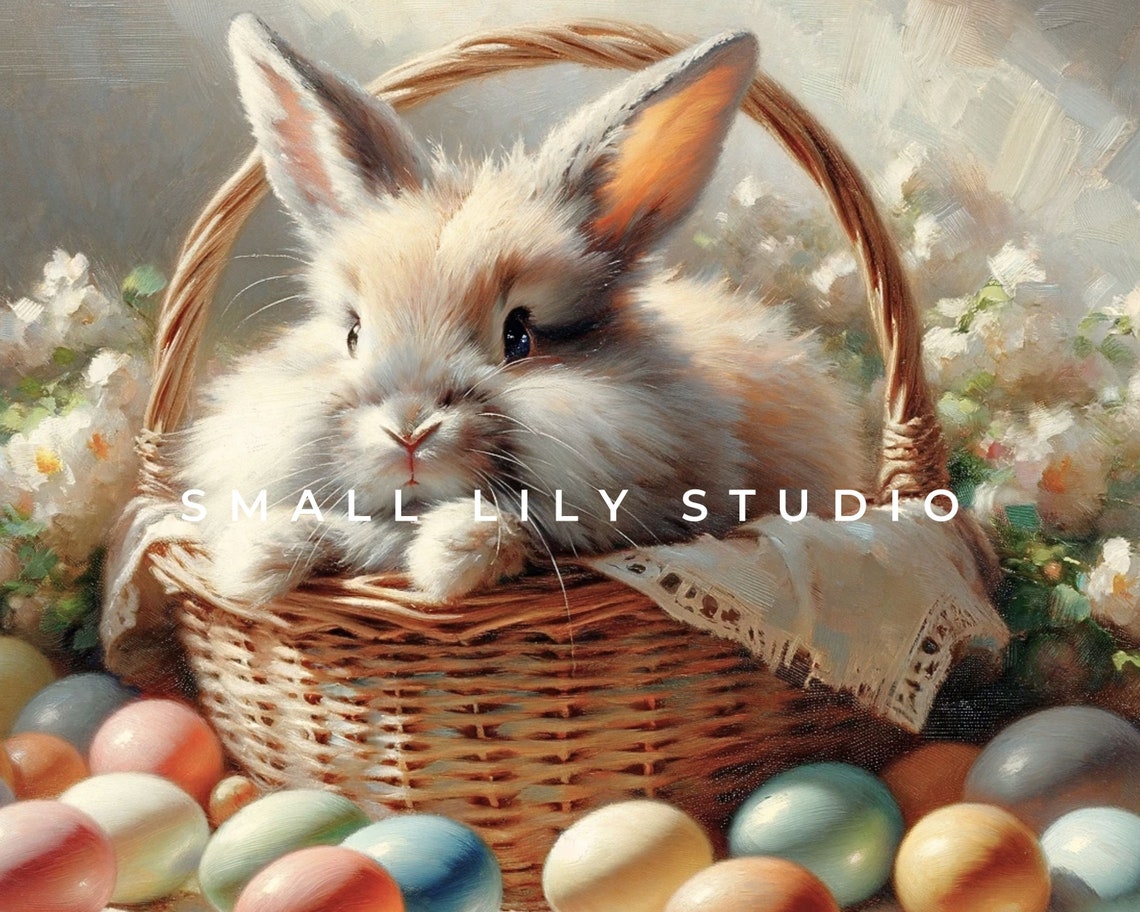 Fluffy Bunny in Wicker Easter Basket Eggs Vintage Spring Art Poster - Image 4