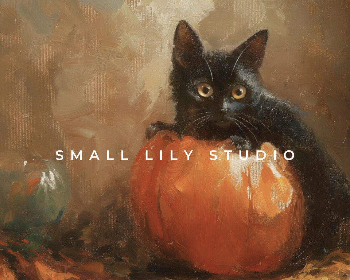 Black Cat Hugging Pumpkin Fall Vintage Halloween Painting Poster - Image 3
