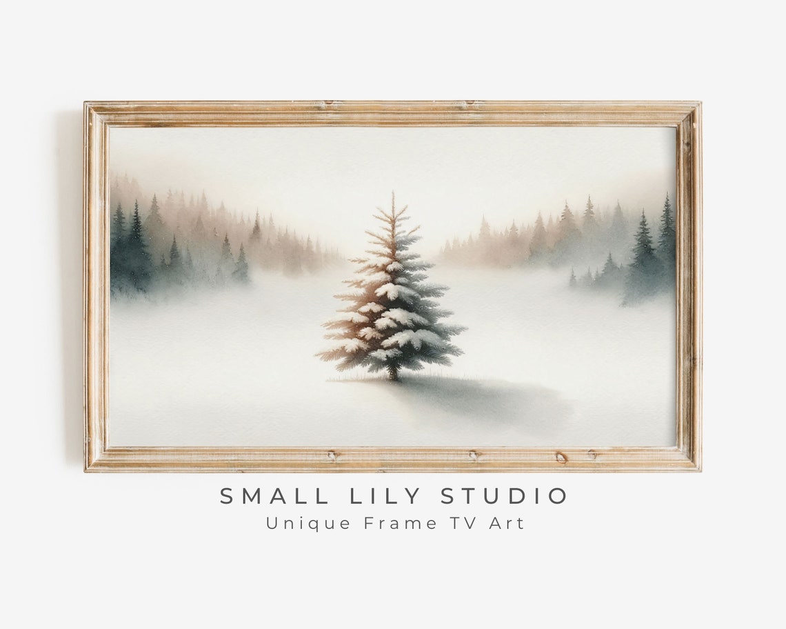 Lonely Snowy Pine Tree Misty Winter Minimalist Watercolor Art Poster