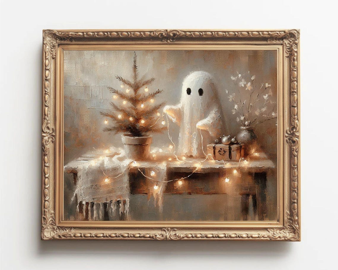 Cute Christmas Ghost Gift Box Lit Tree Neutral Spooky Xmas Art Print - Image 3