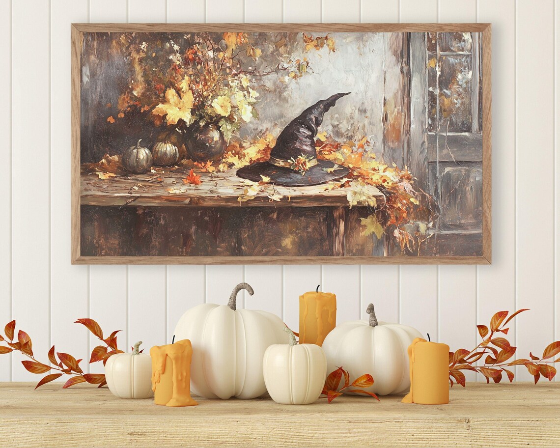 Witch's Hat in Fall Leaves, Rustic Vintage Halloween Art - Image 2