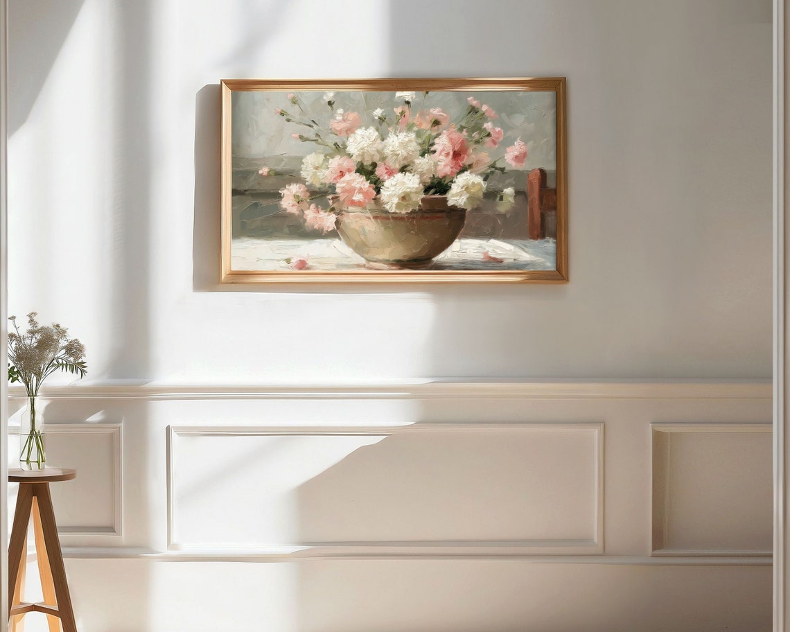 Pink and White Carnations Bowl Vintage Floral Still Life Art Poster - Image 2