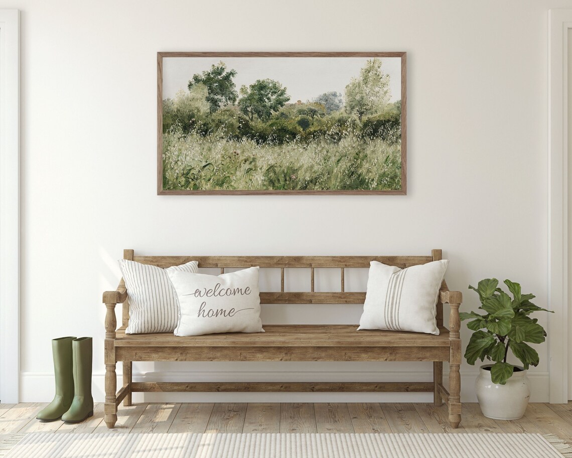 Muted Sage Green Meadow Grasses Trees Vintage Style Landscape Painting Poster - Image 2