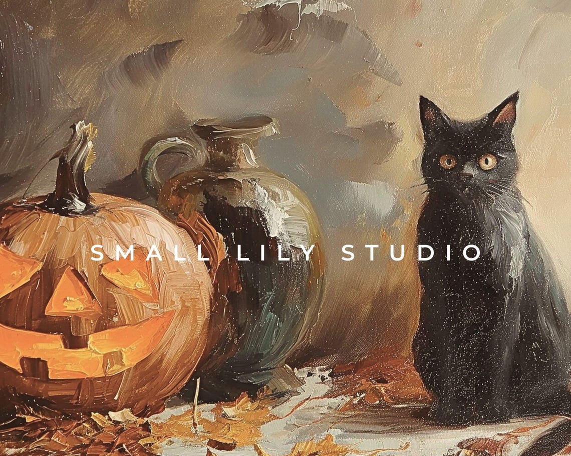 Black Cat Ghost Jack O Lantern Moody Vintage Halloween Painting Poster - Image 4