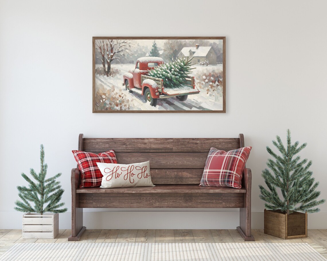 Red Truck With Pine Tree Christmas Art Print - Image 3