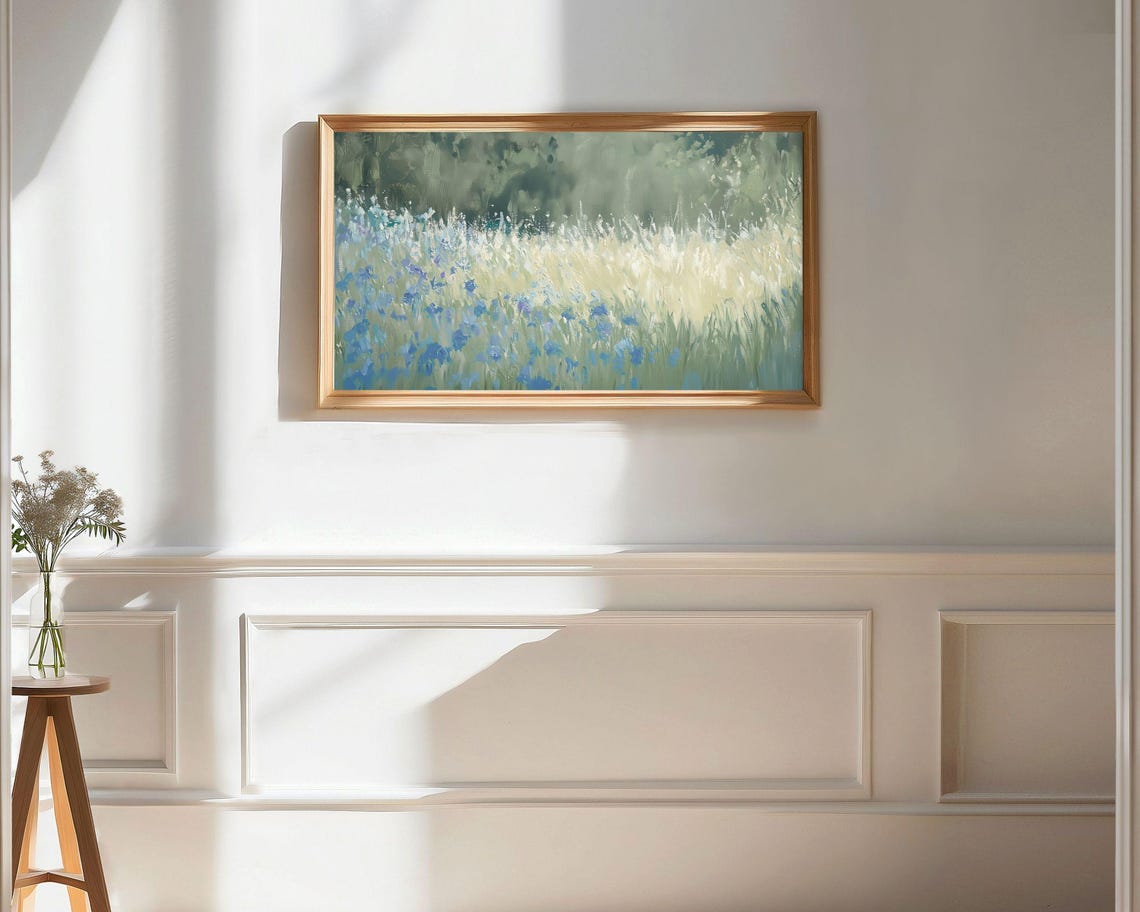Blue Wildflower Field Golden Meadow Textured Vintage Style Poster - Image 3