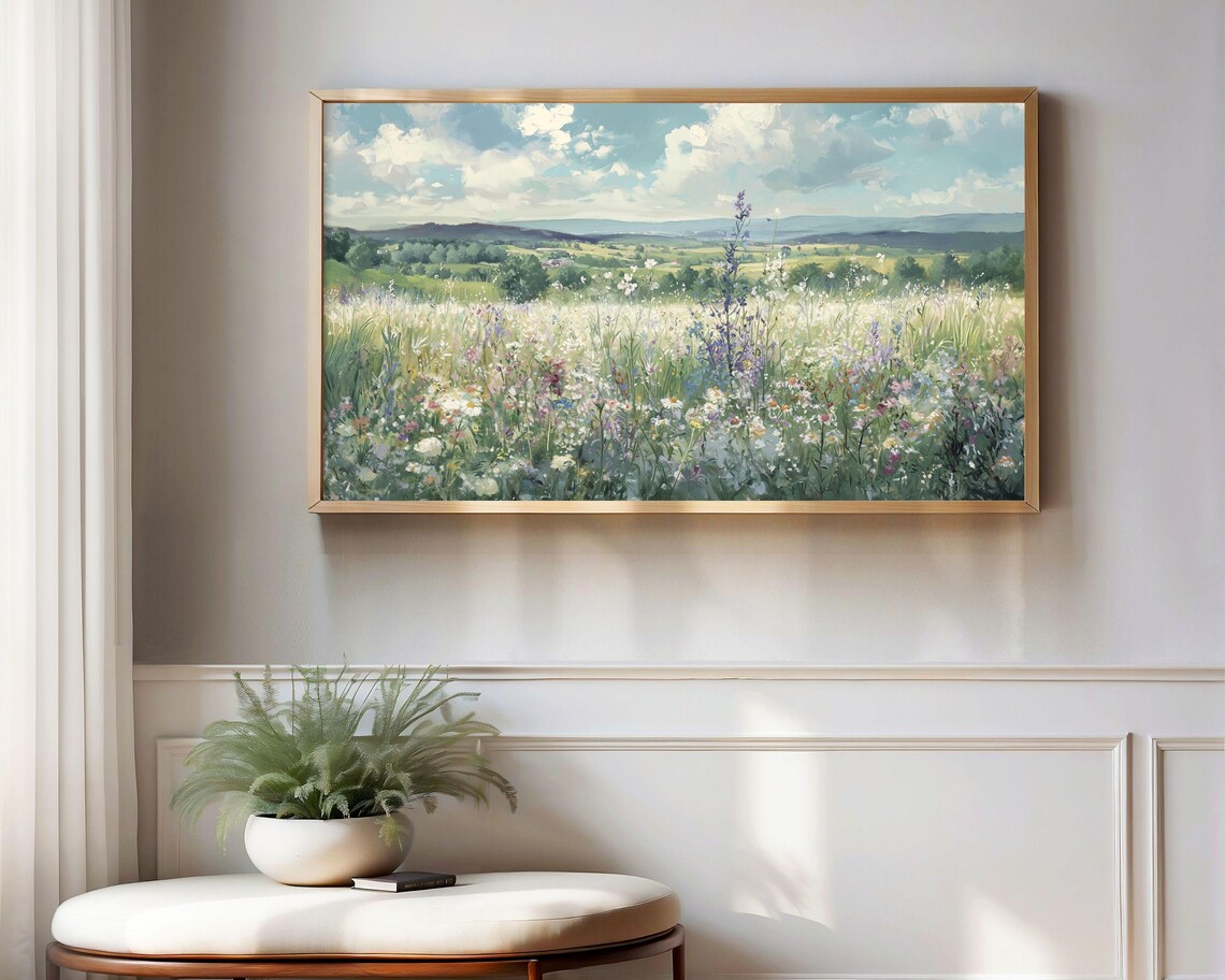 Wildflower Meadow With Hills and Clouds Vintage Spring Landscape Poster - Image 2