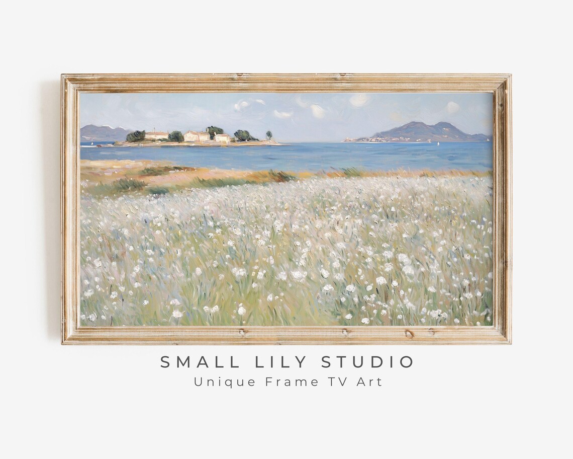 White Wildflower Meadow By The Sea Island Village Painting Poster