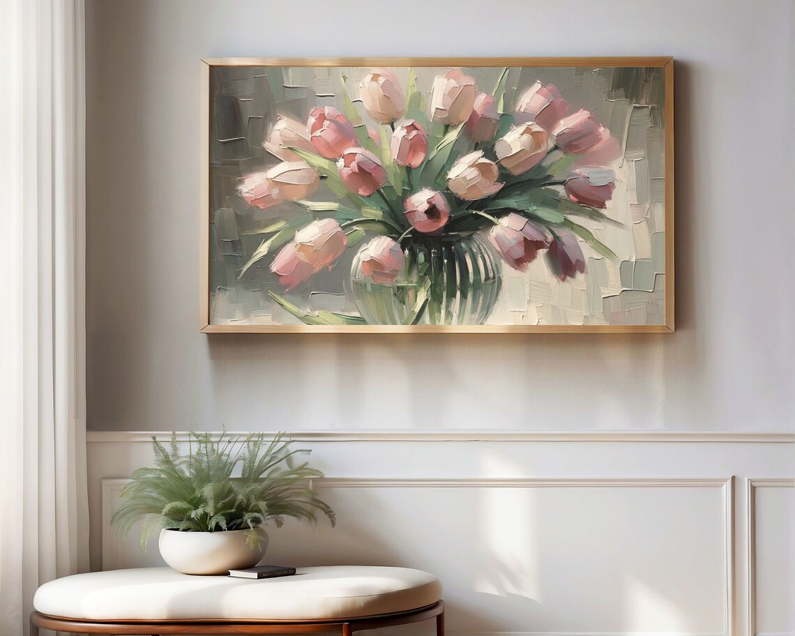 Pink Tulips In Glass Vase Impasto Textured Still Life Floral Poster - Image 2