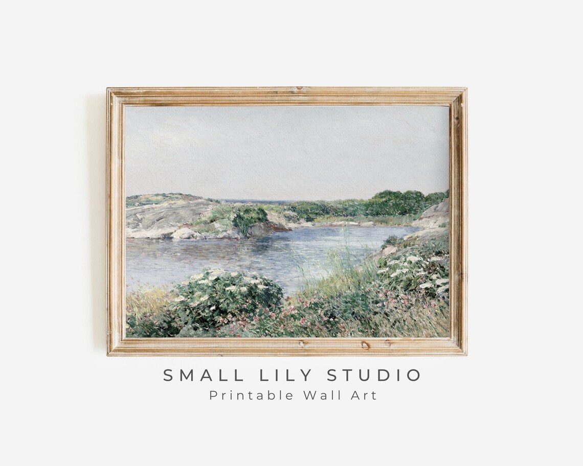 Wildflowers By Rocky Coastal Inlet Blue Water Vintage Landscape Painting Poster - Image 3