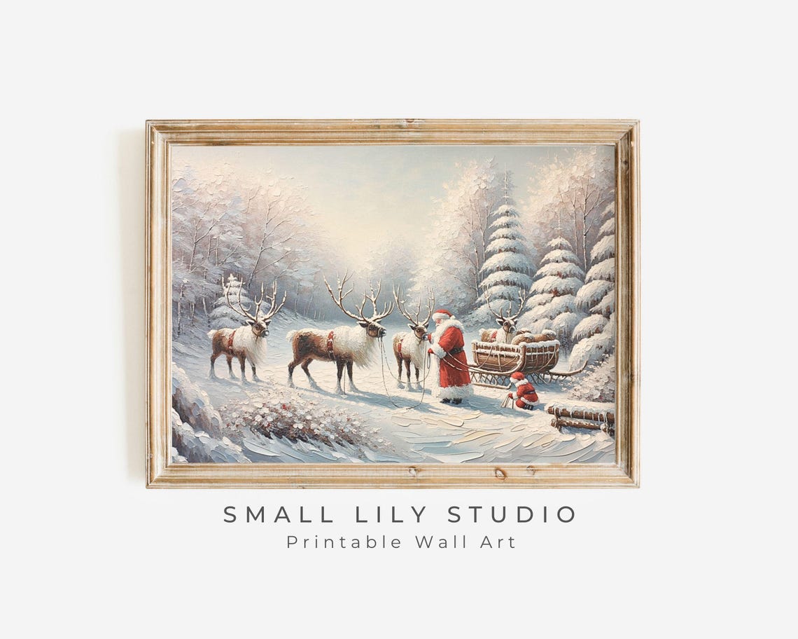 Santa And Reindeer Print Vintage Style Christmas Wall Art Textured Painting Cute Pink Winter Wonderland Picture For Kids P093 - Image 3