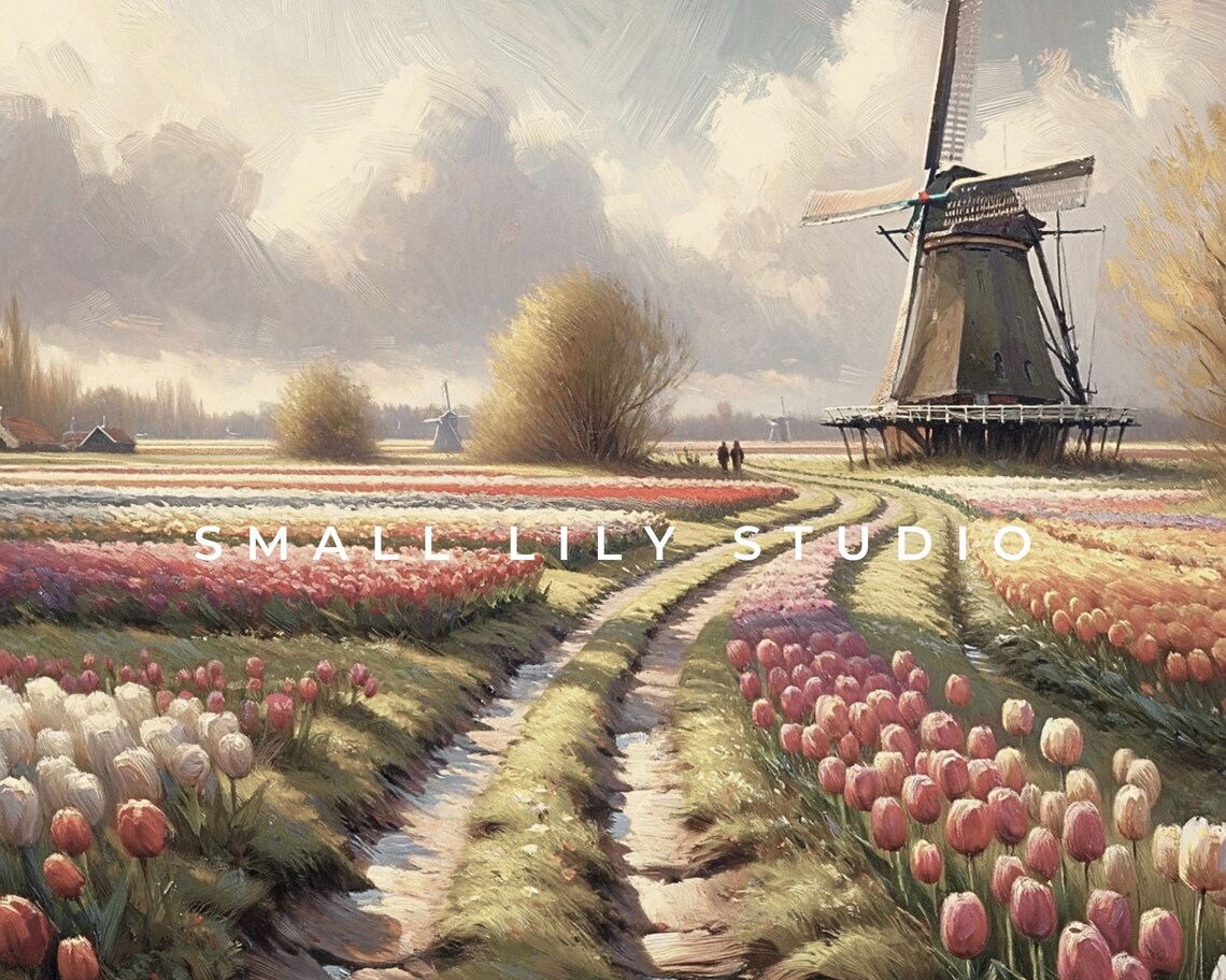 Tulip Landscape With Dutch Windmill, Vintage Art Print - Image 4