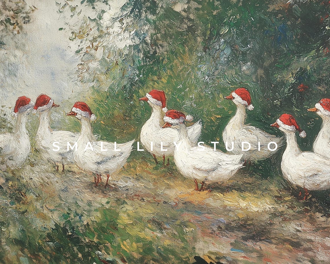 Geese In Santa Hats Print Farmhouse Christmas Holidays Wall Art Cute Farm Animals Vintage Style Painting Birds P117 - Image 4