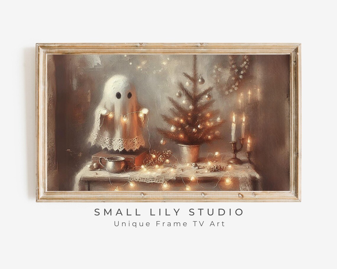 Cute Ghost Christmas Lights Tree Cozy Farmhouse Spooky Xmas Art Poster