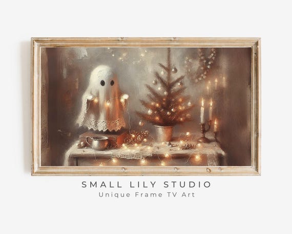 Frame Tv Art Ghost And Christmas Tree Lights Cozy Xmas Halloween Frame Tv Art Fun Spooky Cute Smart Tv Screensaver Tv497