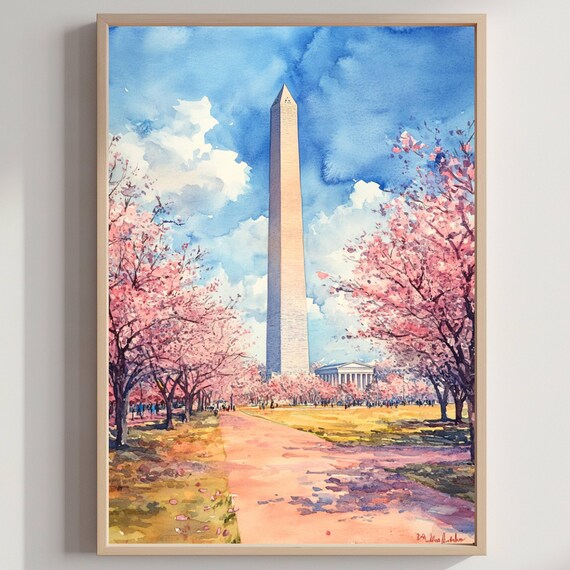 Washington Monument Cherry Blossoms Spring DC Watercolor Poster
