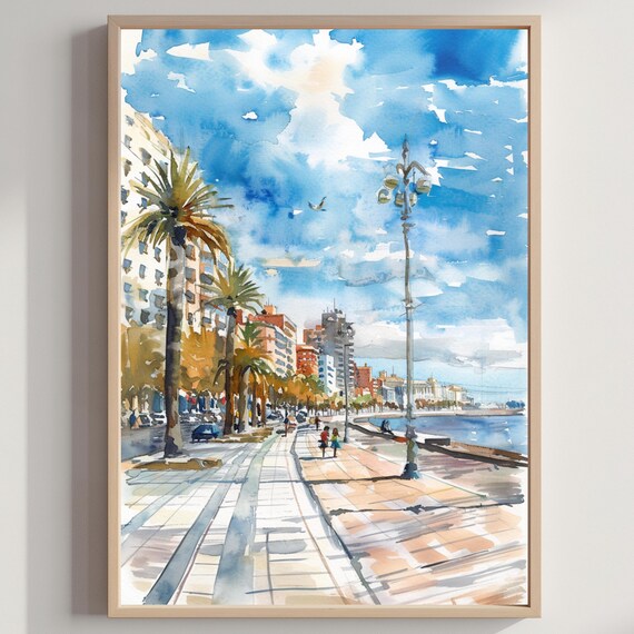 Montevideo Uruguay Waterfront Promenade Palms Watercolor Poster