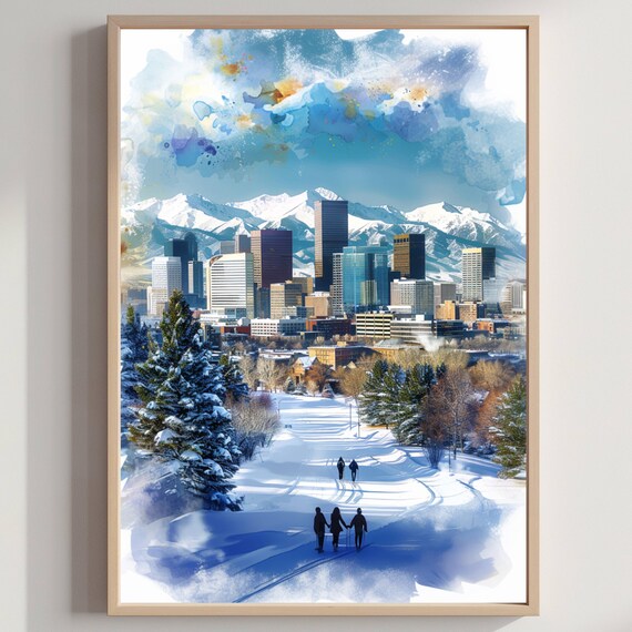 Denver Colorado Snowy Skyline Winter Mountain Watercolor Poster