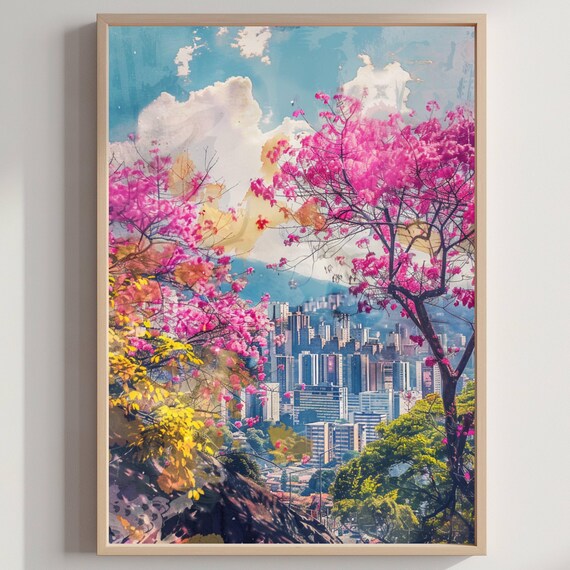 City Skyline Spring Blooming Pink Trees Fresh Watercolor Art Poster