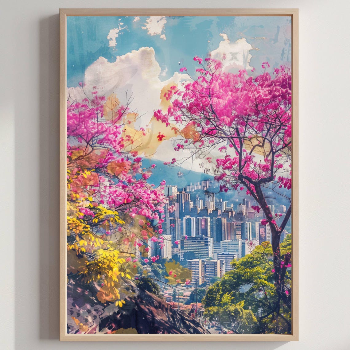 City Skyline Spring Blooming Pink Trees Fresh Watercolor Art Poster