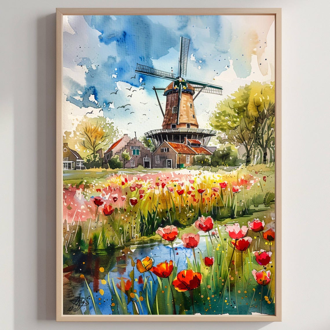 Dutch Windmill Tulip Fields Canal Village Spring Watercolor Art Poster