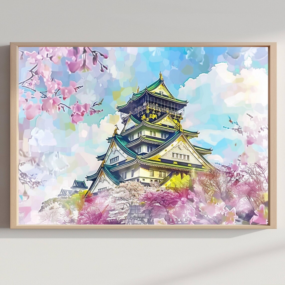 Osaka Castle Japan Cherry Blossom Season Watercolor Travel Poster