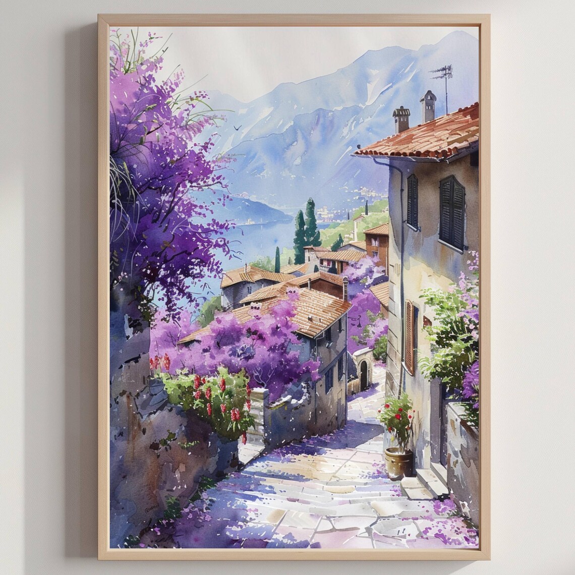 Purple Wisteria Village Lane Mediterranean Spring Watercolor Poster